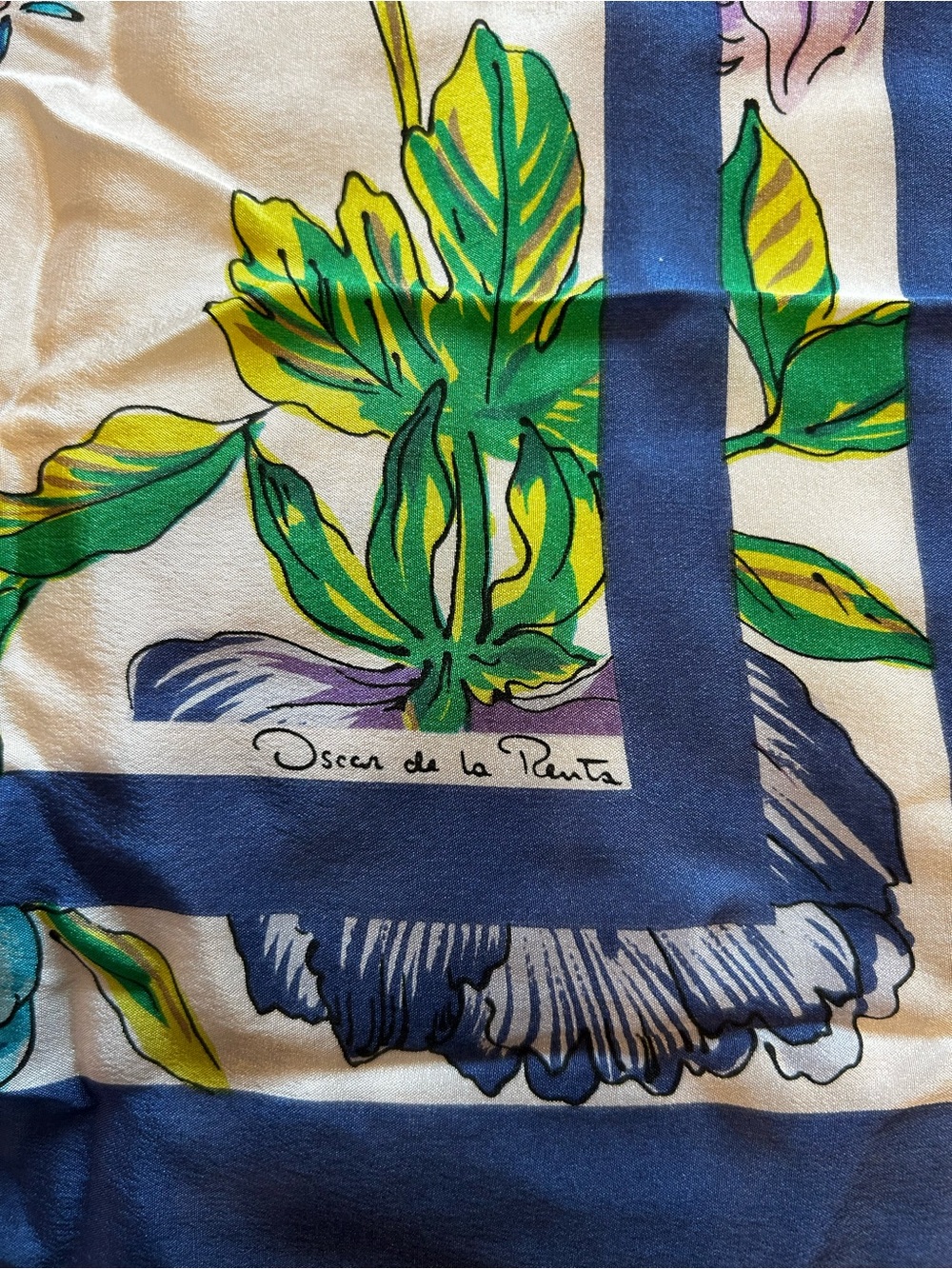 Oscar de la Renta Blue, Green, Yellow Floral Silk Scarf